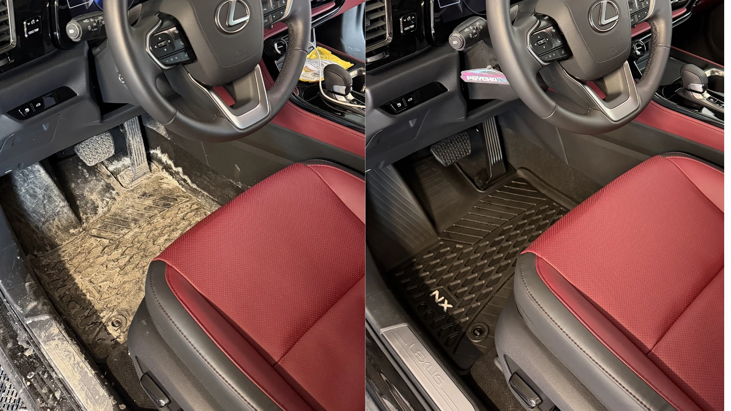 Before and after interior salt stain removal — spring car detailing at Psycho Detailing, serving Montreal, Laval and Terrebonne